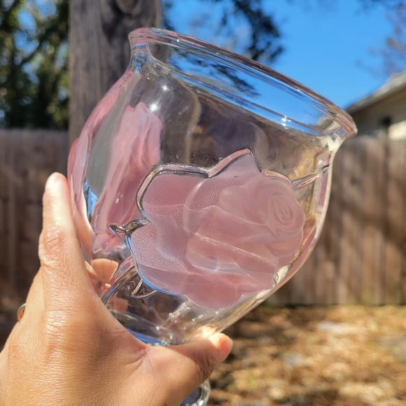 Vintage Teleflora Three Frosted Raised Pink Roses Low Crystal Glass Flower - Picture 5 of 10